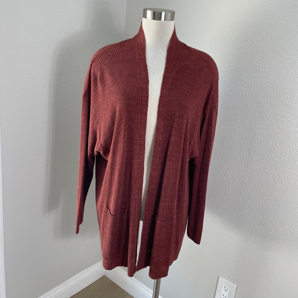 Eileen Fisher Womens Plus 3X Rust Organic Linen Ribbed Open Front Cardigan Knit